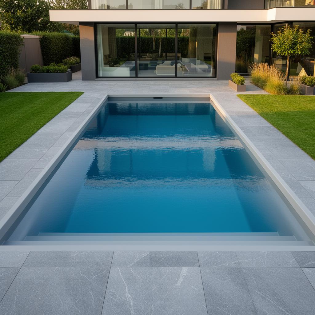 HDPE-UV zwembad in lichtgrijs met helder blauw water